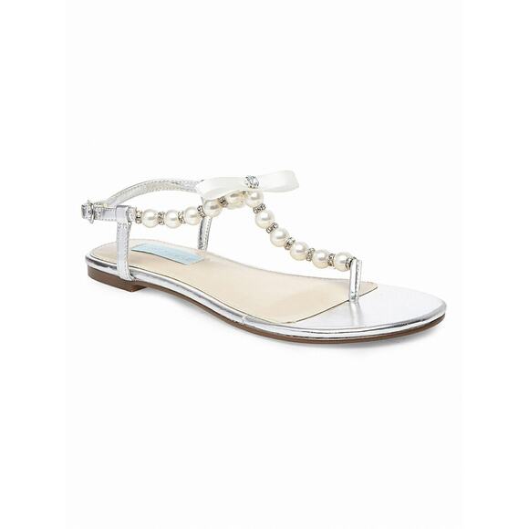 Betsey Johnson Poppi Flat Sandal Blue Soles Silver White Pearls Bridal 8 - Picture 1 of 4